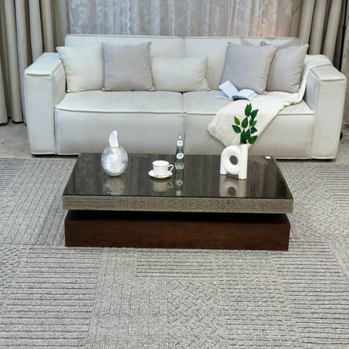 طقم طاولات ضيافة 7 قطع خشب سنديان بني مستطيل بسطح...