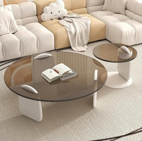 طقم طاولتين ضيافة خشب أبيض سطح زجاج دائري بني شفاف...