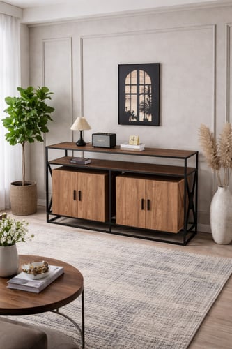 طاولة بوفية خشب قاعدة حديد لون رمادي