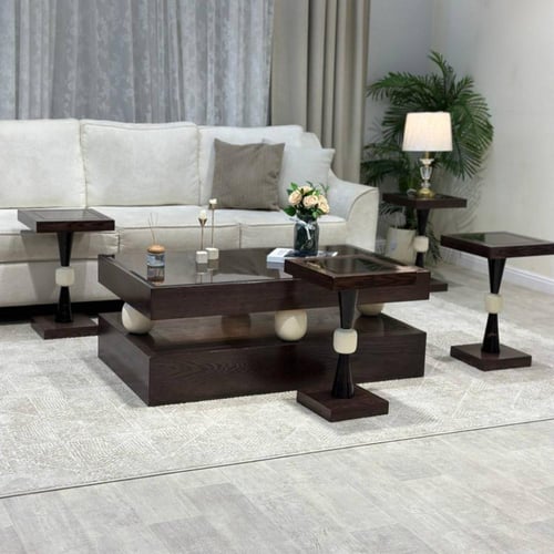 طقم طاولات ضيافة خشب بني غامق سطح زجاج شفاف مع 6 خ...