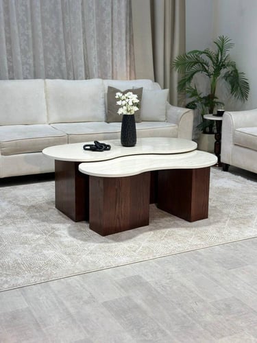 طقم طاولات 8 قطع رخامي أبيض وقواعد خشبية كلاسيكية