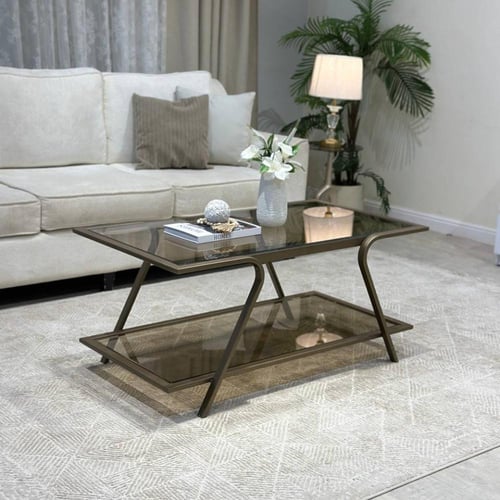 طقم طاولات ضيافة 5 قطع زجاج بني وقاعدة نحاسي مستطي...