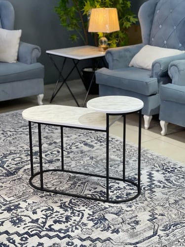 طاولة جانبية حديد أسود وسطح خشب رخامي دورين