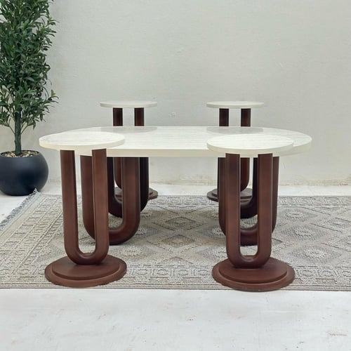 طقم طاولات ضيافة 5 قطع بديل رخام وقاعدة خشب بني بي...