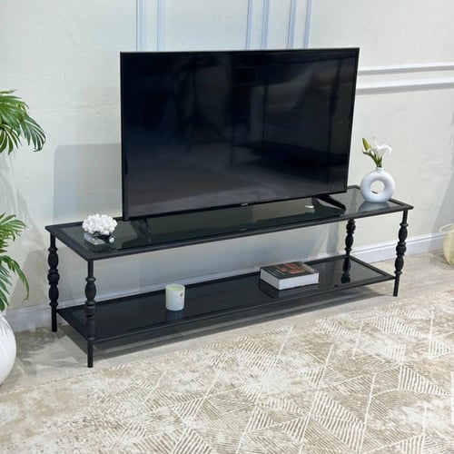 طاولة تلفزيون دورين - حديد أسود زجاج أسود شفاف
