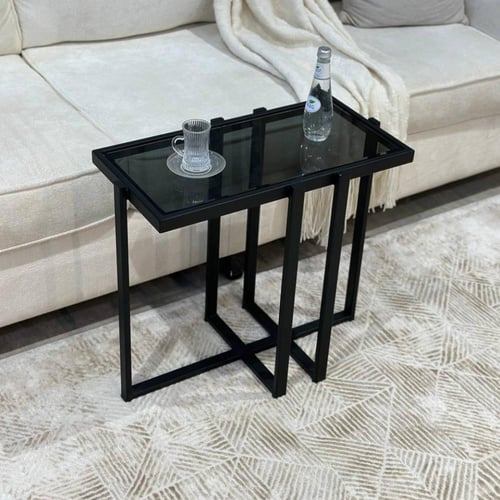 طقم طاولة ضيافة حديد أسود سطح زجاج أسود مع 4 خدمة