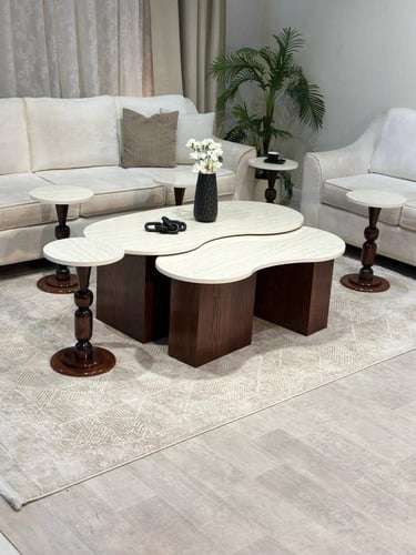 طقم طاولات 8 قطع رخامي أبيض وقواعد خشبية كلاسيكية