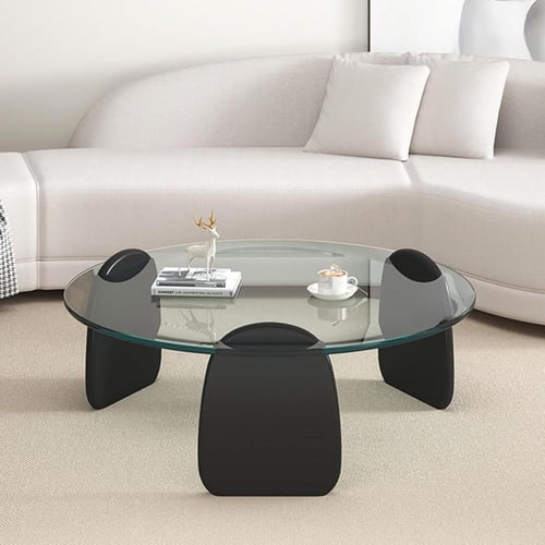 طقم طاولتين ضيافة خشب أسود سطح زجاج دائري شفاف - ب...