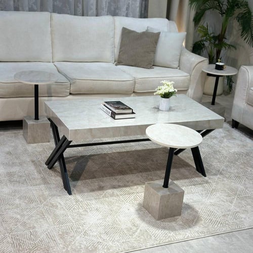 طقم طاولات 5 قطع رخامي رمادي وقاعدة مكعبة وأرجل X