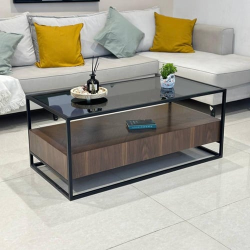 طقم طاولات ضيافة 5 قطع خشب بني بسطح زجاجي أسود وأر...