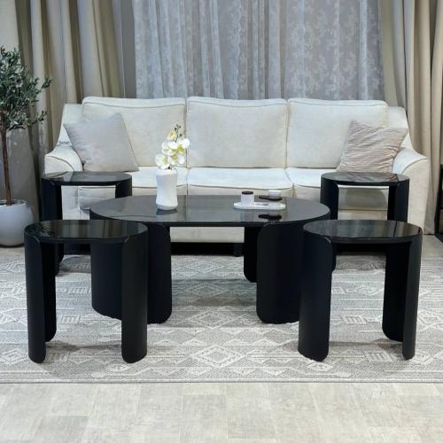 طقم طاولات ضيافة 5 قطع زجاج أسود وهيكل حديد أسود م...
