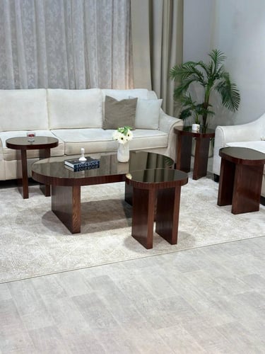 طقم طاولات ضيافة 7 قطع خشب بني داكن بيضاوي بسطح مر...