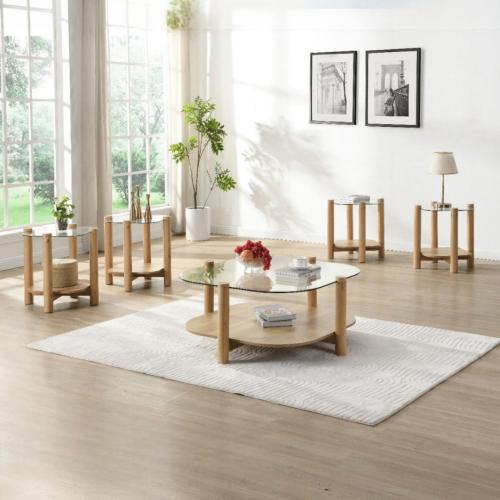 طقم طاولات 5 قطع زجاج وخشب فاتح مودرن