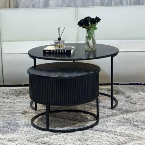 طقم طاولتين متداخلة حديد أسود سطح خشب سنديان أسود...