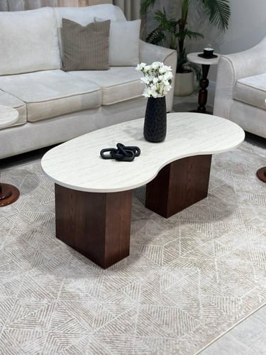 طقم طاولات 8 قطع رخامي أبيض وقواعد خشبية كلاسيكية