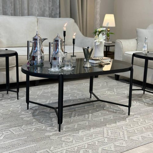 طقم طاولات ضيافة 5 قطع زجاج أسود وهيكل حديد أسود م...