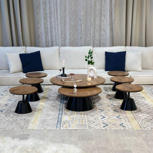 طقم طاولات ضيافة أرضي 8 قطع خشب بني وقواعد سوداء