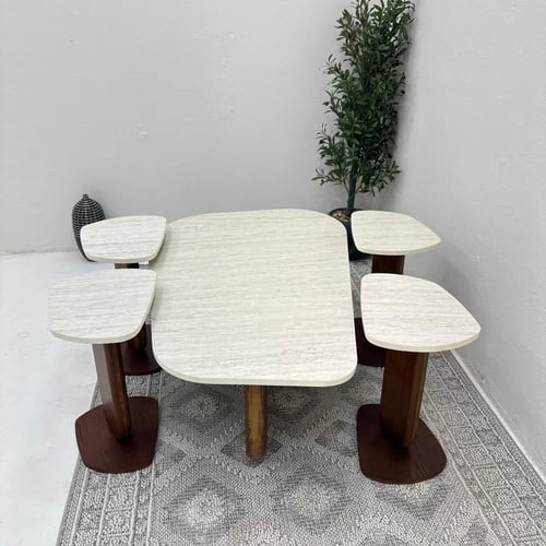 طقم طاولات ضيافة 5 قطع بديل رخام وقاعدة خشب سنديان...