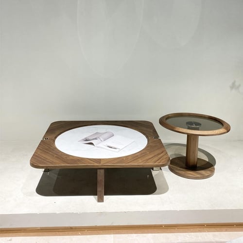 طاولة قهوة خشب مع رخام شكل مربع مع طاولة جانبية سط...