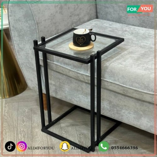 طقم طاولات ضيافة 5 قطع زجاج شفاف وهيكل حديد أسود د...