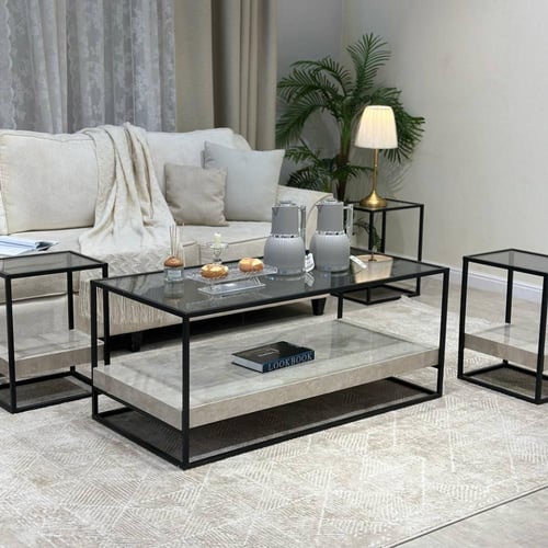 طقم طاولات ضيافة 5 قطع زجاج أسود وهيكل أسود دورين...