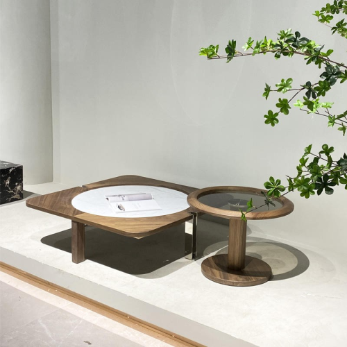 طاولة قهوة خشب مع رخام شكل مربع مع طاولة جانبية سط...