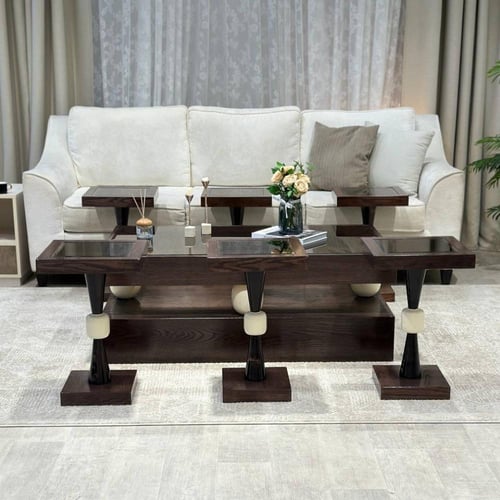 طقم طاولات ضيافة خشب بني غامق سطح زجاج شفاف مع 6 خ...