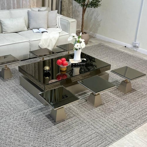 طقم طاولات ضيافة 7 قطع خشب سنديان فضي مستطيل بسطح...