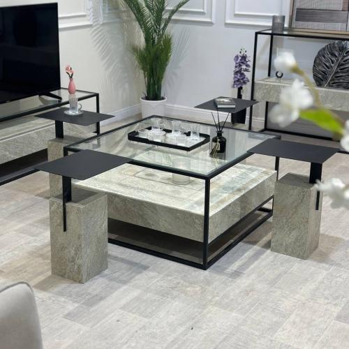 طقم طاولات ضيافة 5 قطع زجاج شفاف وبديل رخام مكعب