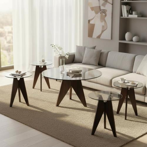 طقم طاولة خشب بني غامق زجاج شفاف مع 4 خدمات