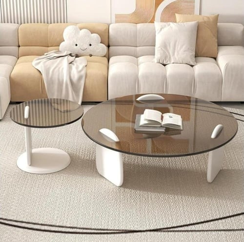 طقم طاولتين ضيافة خشب أبيض سطح زجاج دائري بني شفاف...