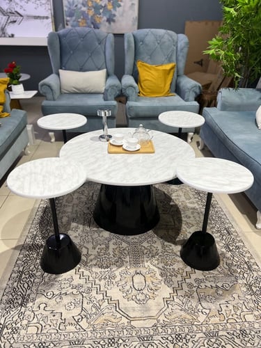 طقم طاولات 5 قطع رخامي أبيض وقاعدة مخروطية سوداء