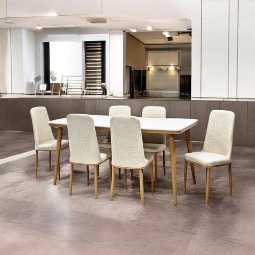 طاولة طعام رخام 6 كرسي لون بيج مطرز