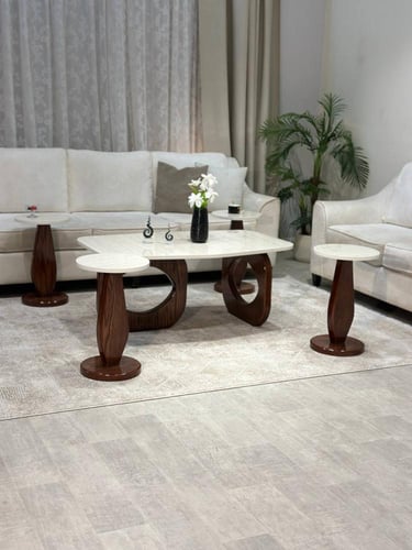 طقم طاولات 7 قطع بديل رخام وقاعدة بنية مفرغة