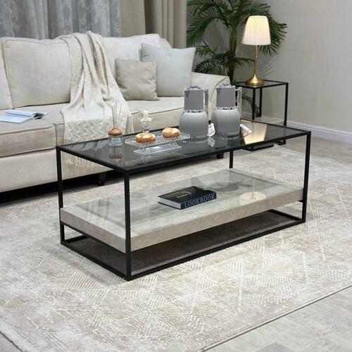 طقم طاولات ضيافة 5 قطع زجاج أسود وهيكل أسود دورين...