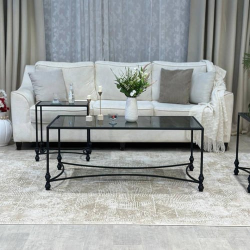 طقم طاولات 5 قطع زجاج أسود وهيكل كلاسيكي مقوس