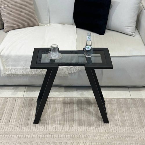 طقم طاولات ضيافة 5 قطع زجاج أسود وهيكل حديد أسود ب...