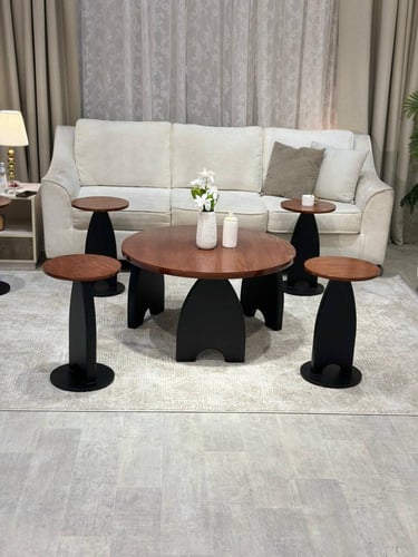 طقم طاولات ضيافة 7 قطع خشب سنديان وبني دائري وقاعد...