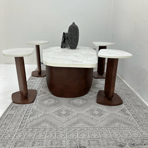 طقم طاولات ضيافة 7 قطع بديل حجر ملمس خشن وقاعدة بن...