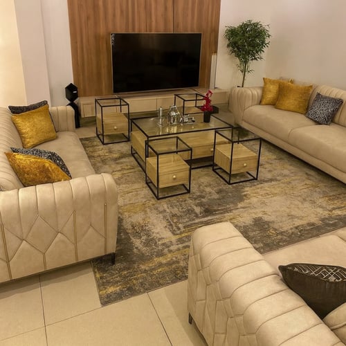 طقم طاولات ضيافة 5 قطع خشب فاتح بأدراج وسطح زجاجي