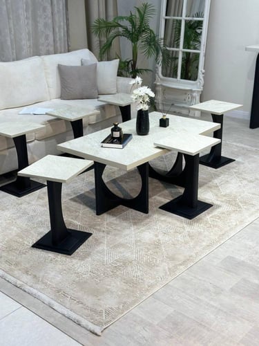 طقم طاولات 7 قطع بديل رخام وقاعدة سوداء مفرغة