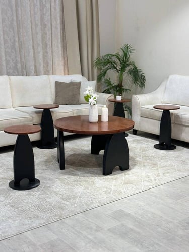 طقم طاولات ضيافة 7 قطع خشب سنديان وبني دائري وقاعد...