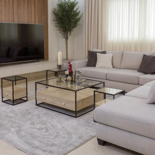 طقم طاولات ضيافة 5 قطع خشب فاتح بأدراج وسطح زجاجي