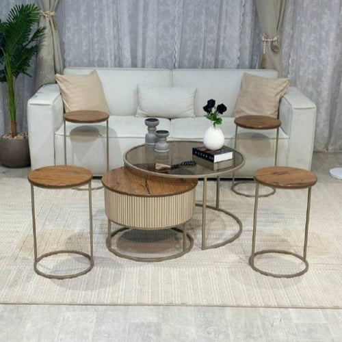 طقم طاولتين خشب مع زجاج بني متداخلة مع 4 خدمةTL