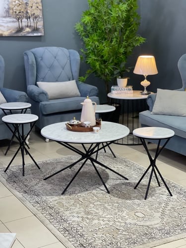 طقم طاولات 5 قطع خشبي أبيض وأرجل X سوداء