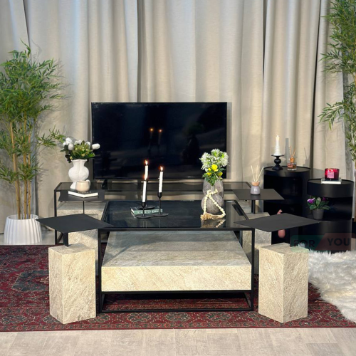 طقم طاولات ضيافة 5 قطع زجاج أسود وبديل رخام مكعب