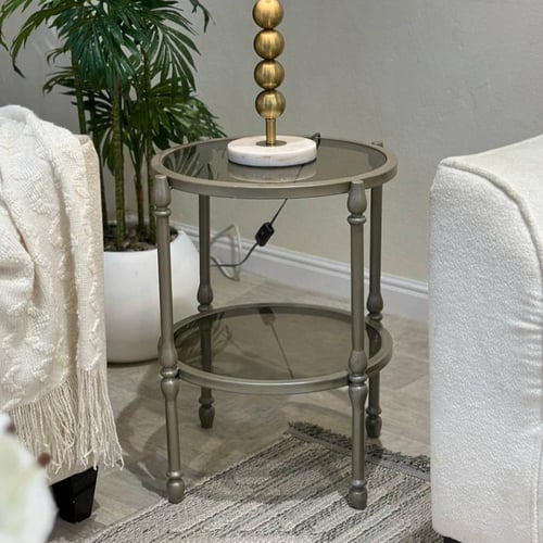 طقم طاولات ضيافة 5 قطع زجاج بني وهيكل شمباني دورين...