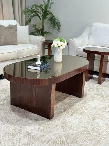 طقم طاولات ضيافة 7 قطع خشب بني داكن بيضاوي بسطح مر...