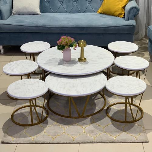 طقم طاولات أرضي 8 قطع خشبي أبيض وهيكل ذهبي V