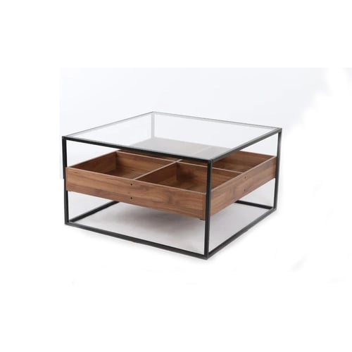 طاولة ضيافة سطح زجاج شفاف خشب مقسم بني